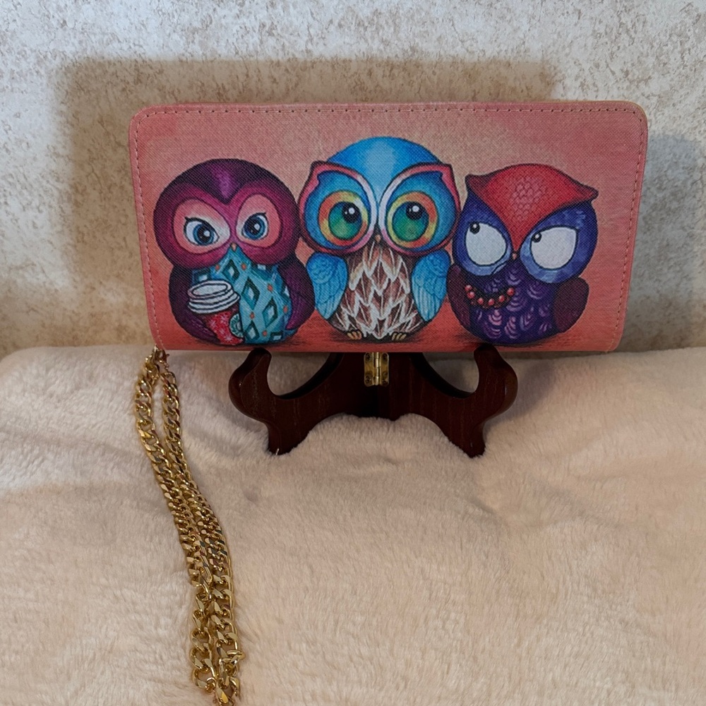 Colorful Owl Print Clutch Wallet with added Gold Chain to use as a wristlet.